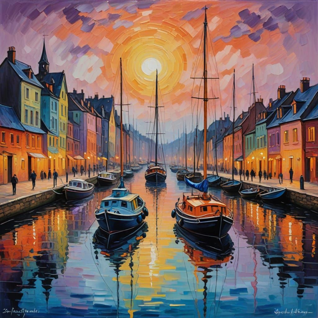 Harbour at Sunset with Moored Yachts in Impasto Acrylic
