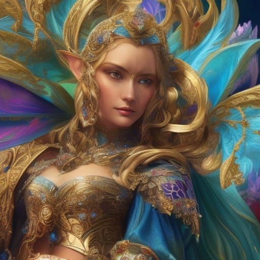 Handsome Elf Guards Treasure in Ornate Oil Painting