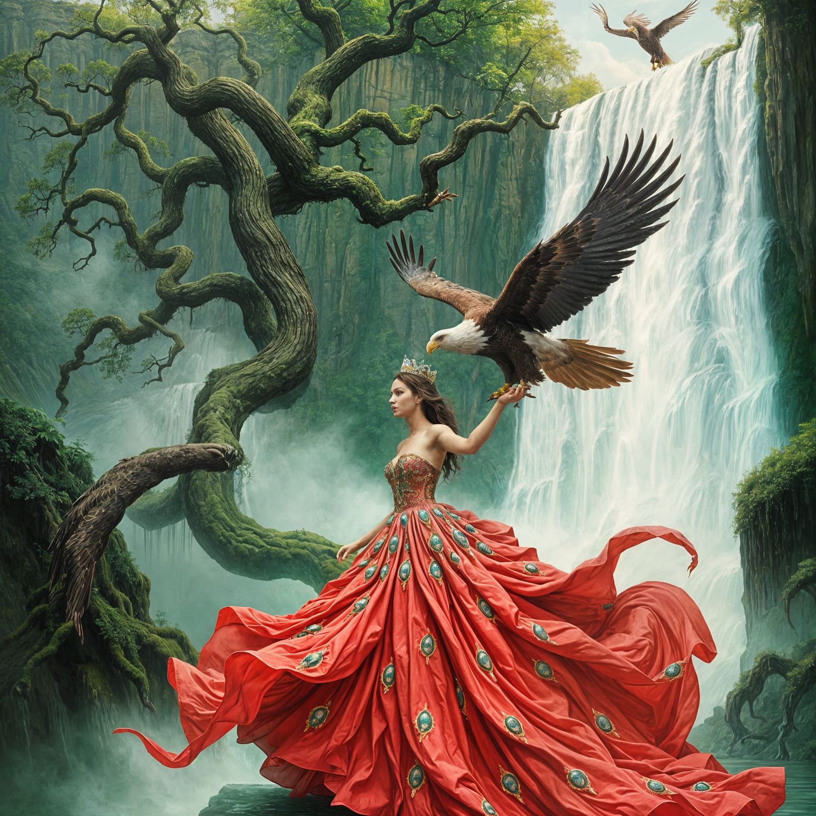 Regal Princess Surrounded by Emerald Forest and Majestic Eag...