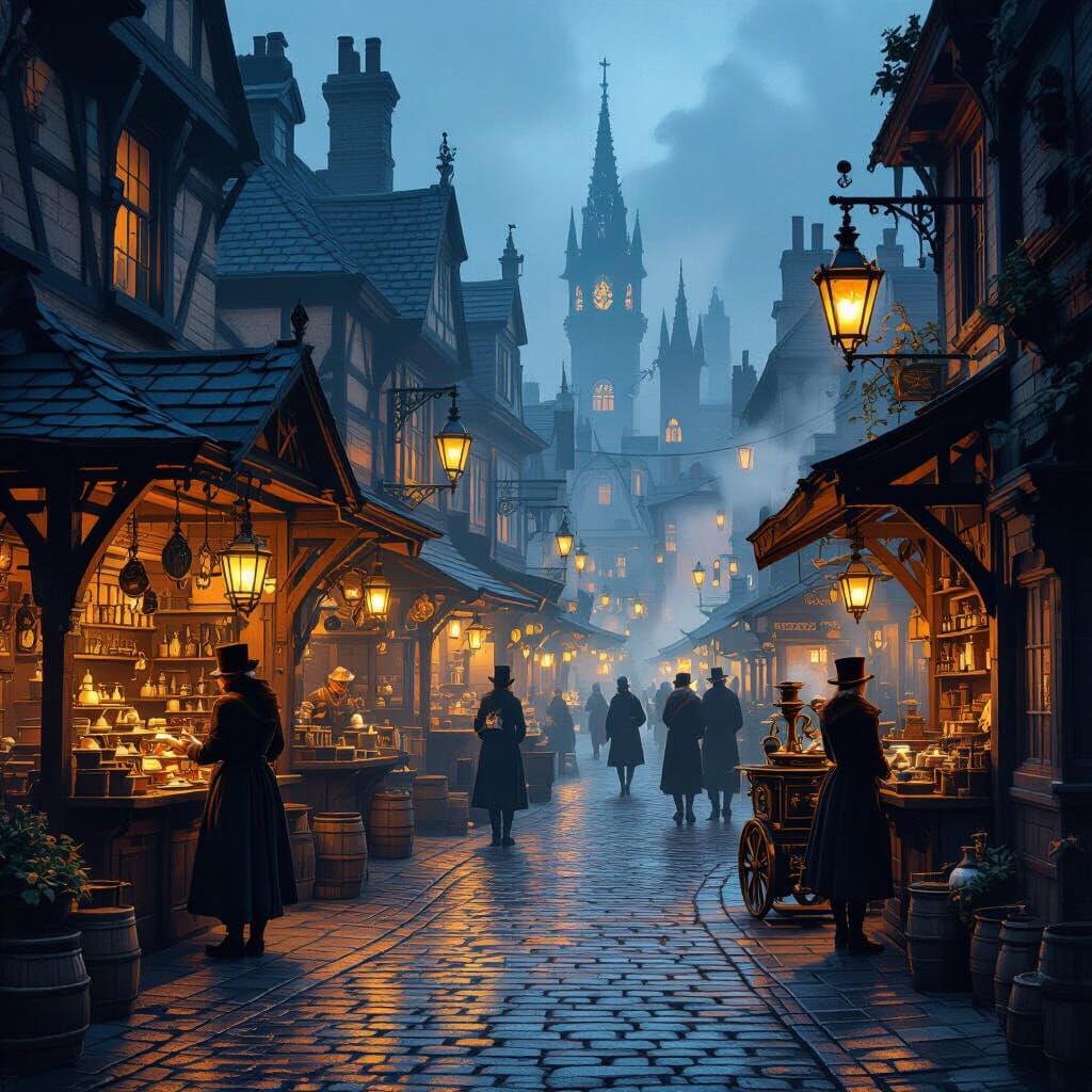 Victorian Street Market at Dusk with Automaton