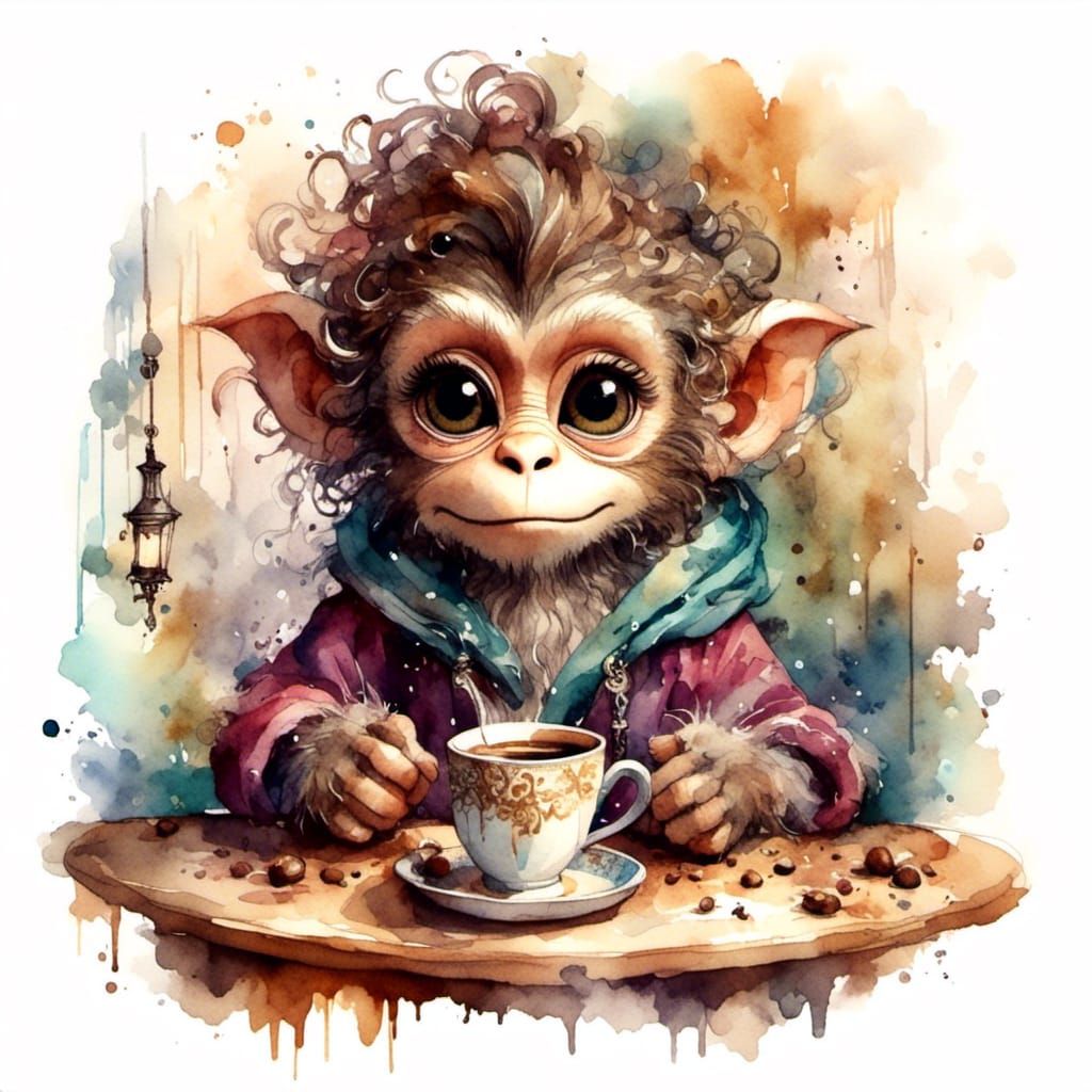 Charming Monkey Coffee Watercolor Illustration