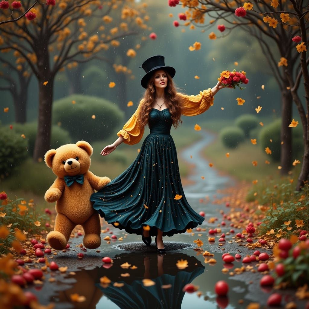 A woman dances in the rain with a teddy bear
