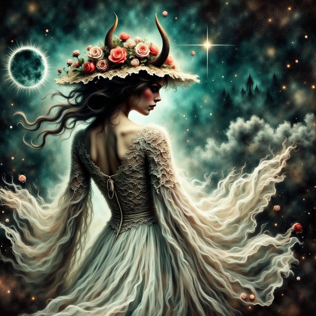 Starlit Path: Woman in Lace Gown