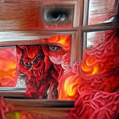 demon looking through your window in a fiery red hell detailed painting