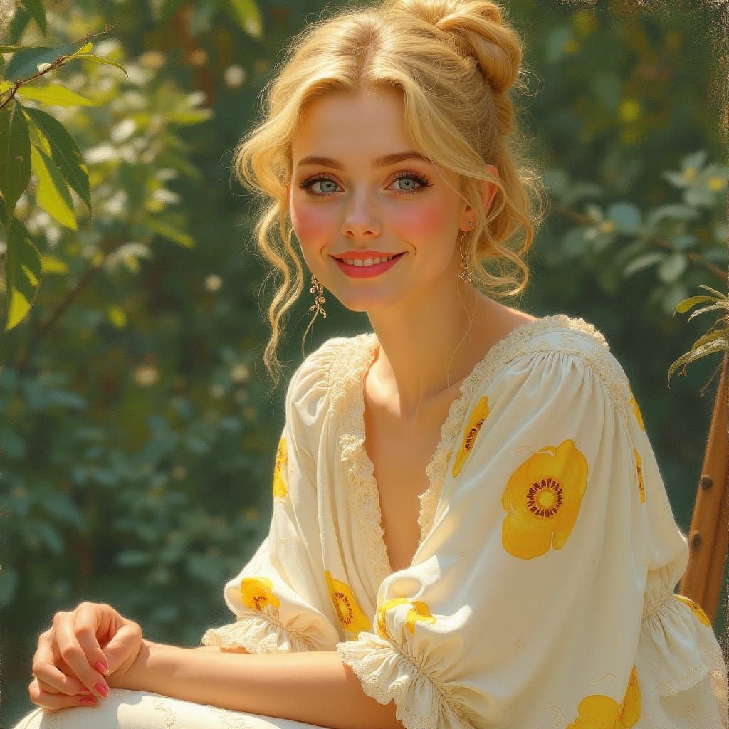 Elegant Woman with Lemon Dress in Art Nouveau Style