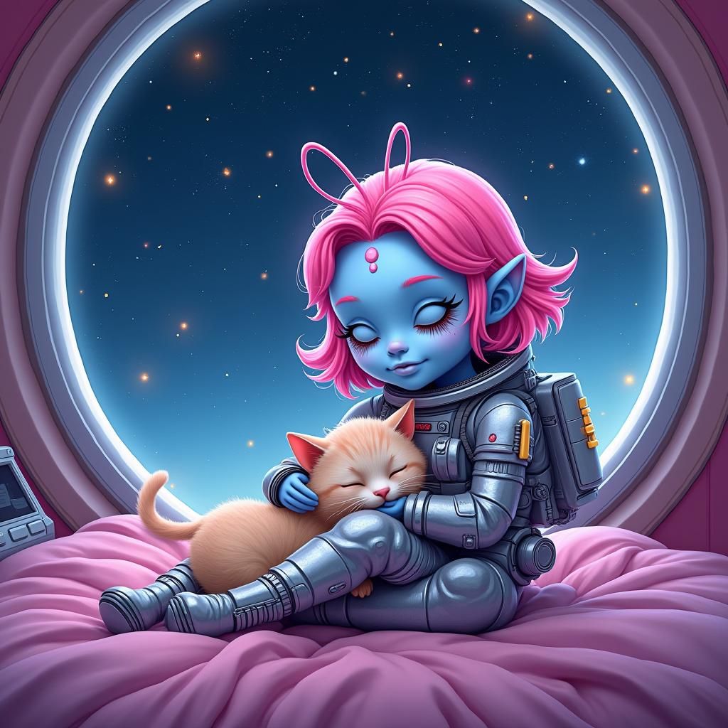 Alien Girl with Cat in Futuristic Bedroom