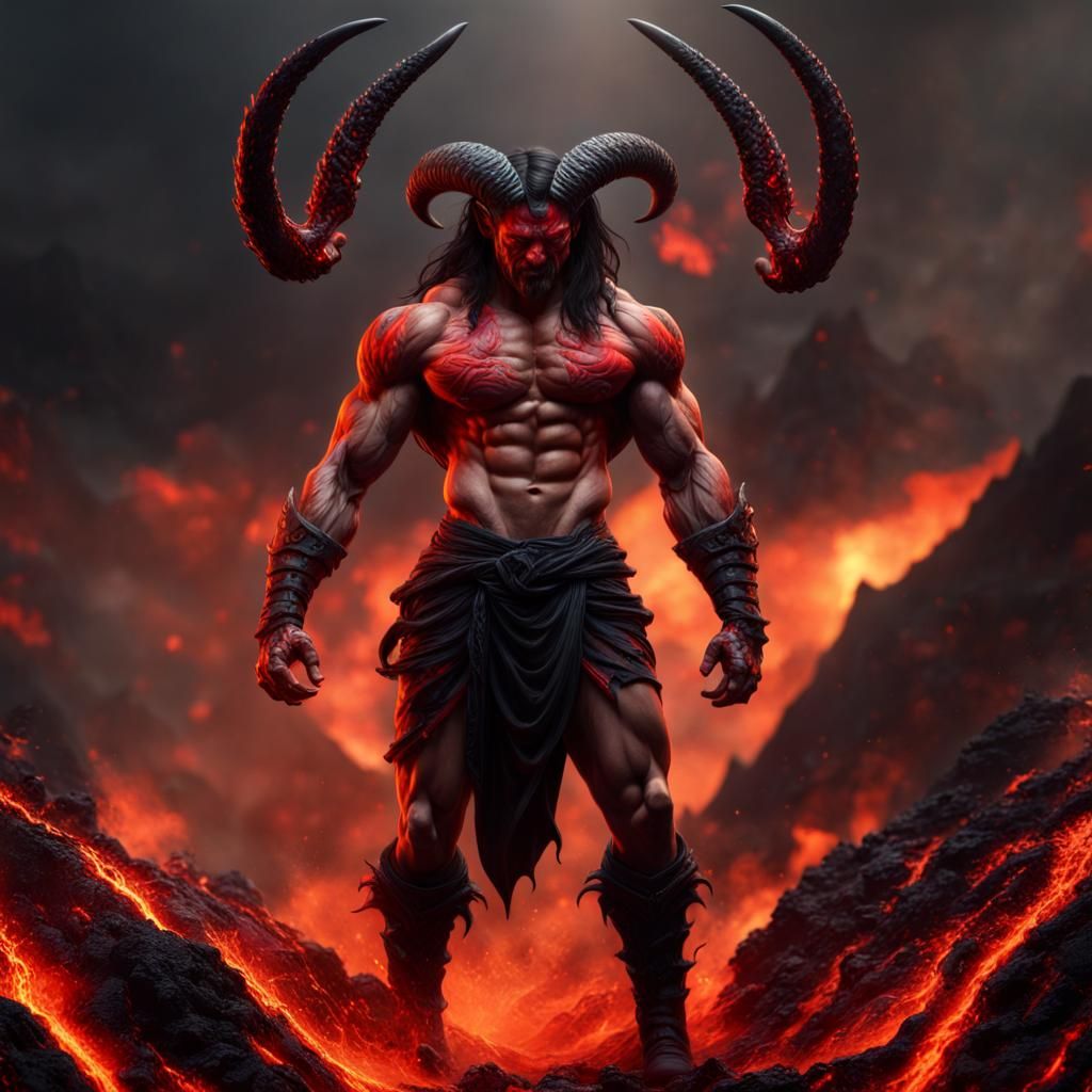 Hyperrealistic Muscular Demon in Volcanic Landscape