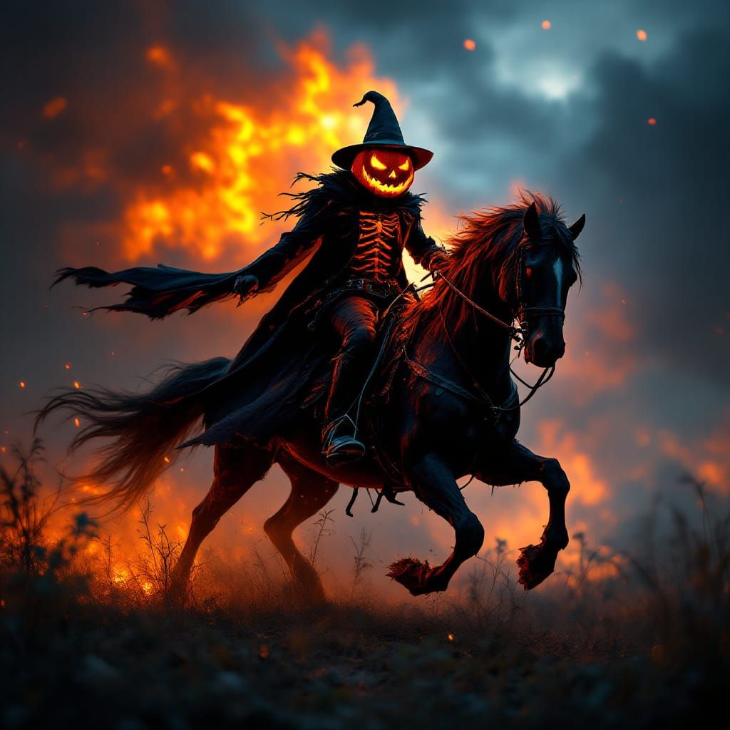 Headless Horseman Jack-O-Lantern Amidst Fire Storm