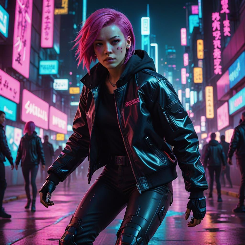 Cyberpunk Skater Woman in Neon Cityscape