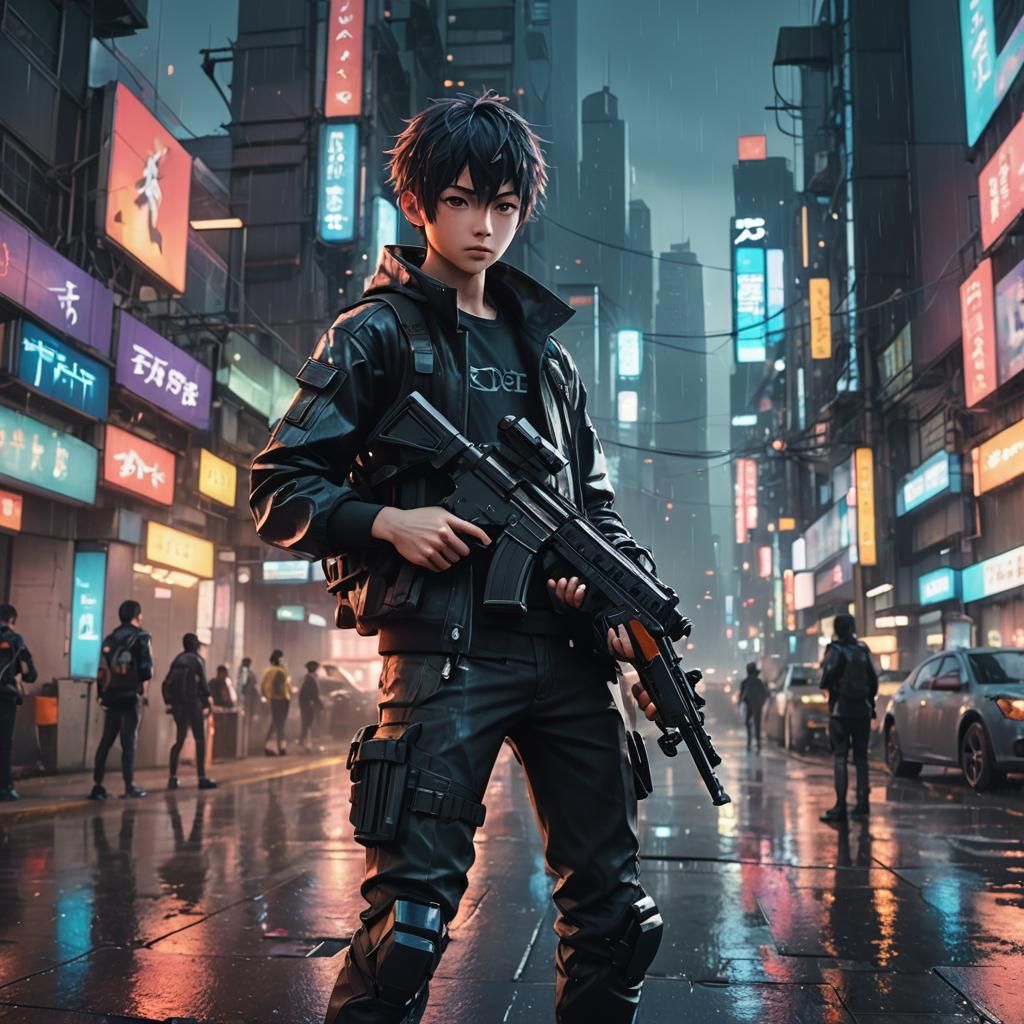 Futuristic Anime Boy with Gun in Neon Cityscape