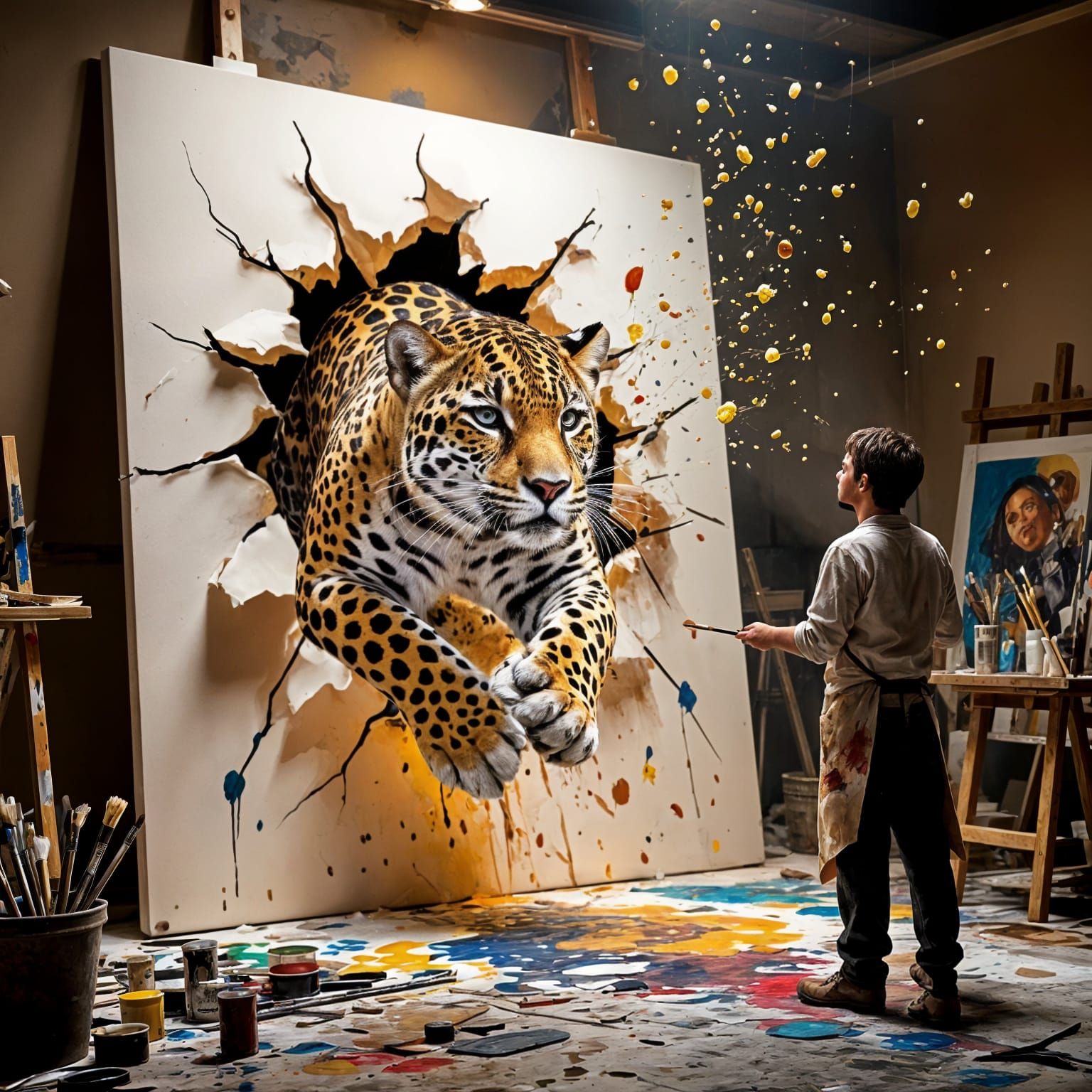 Jaguar Leaping From Canvas in Painter's Studio
