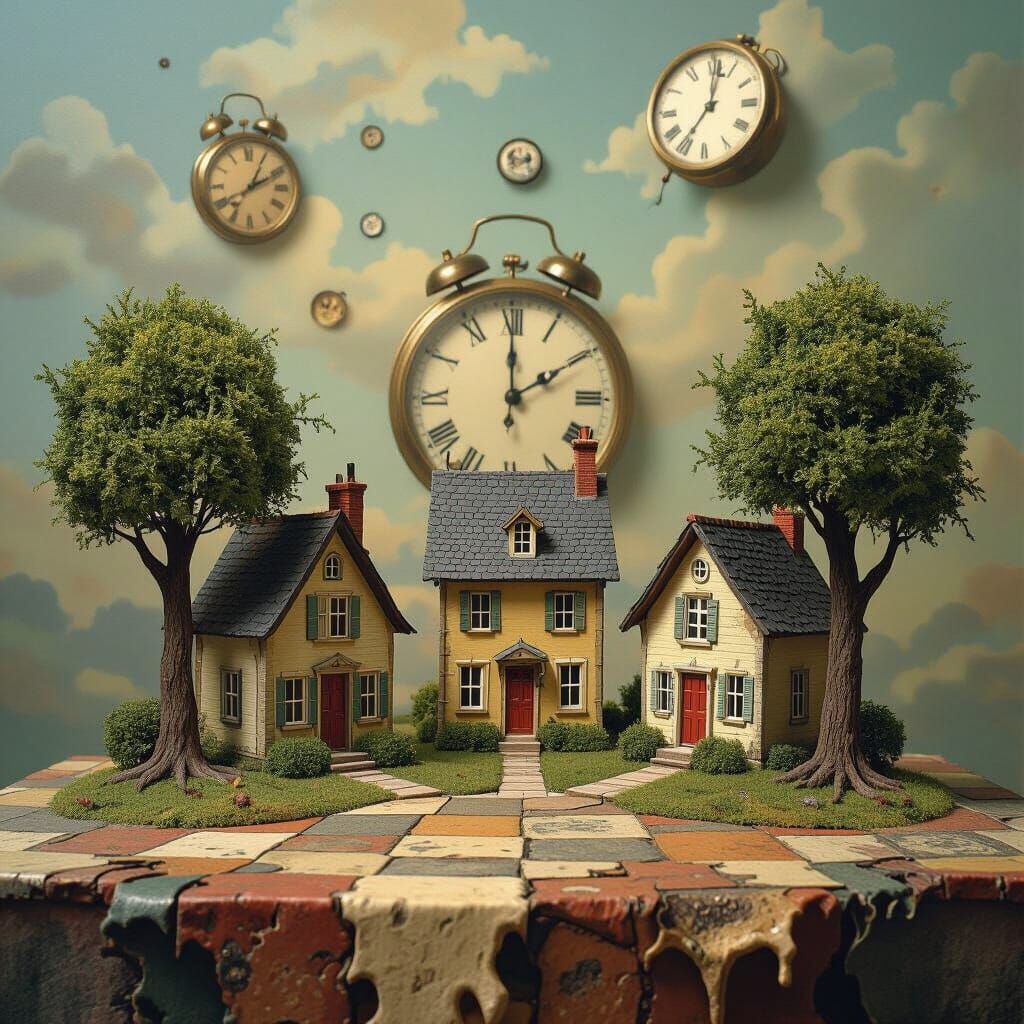 Surreal Theatrical Stage with Houses in Dali Style