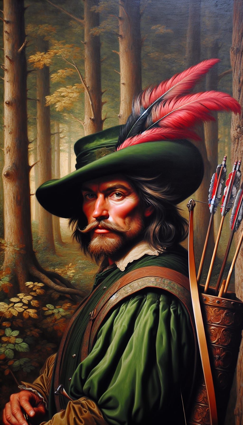 Renaissance-Style Forest Outlaw with Bow and Feathered Hat
