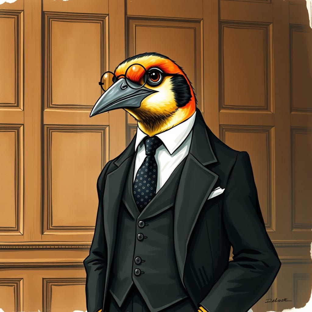 Dignified Finch-Bird Lawyer Addresses the Jury in Elegant Vi...