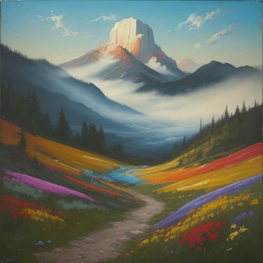 Woman and Mastiff Hike Mountain Trail as Impasto Painting