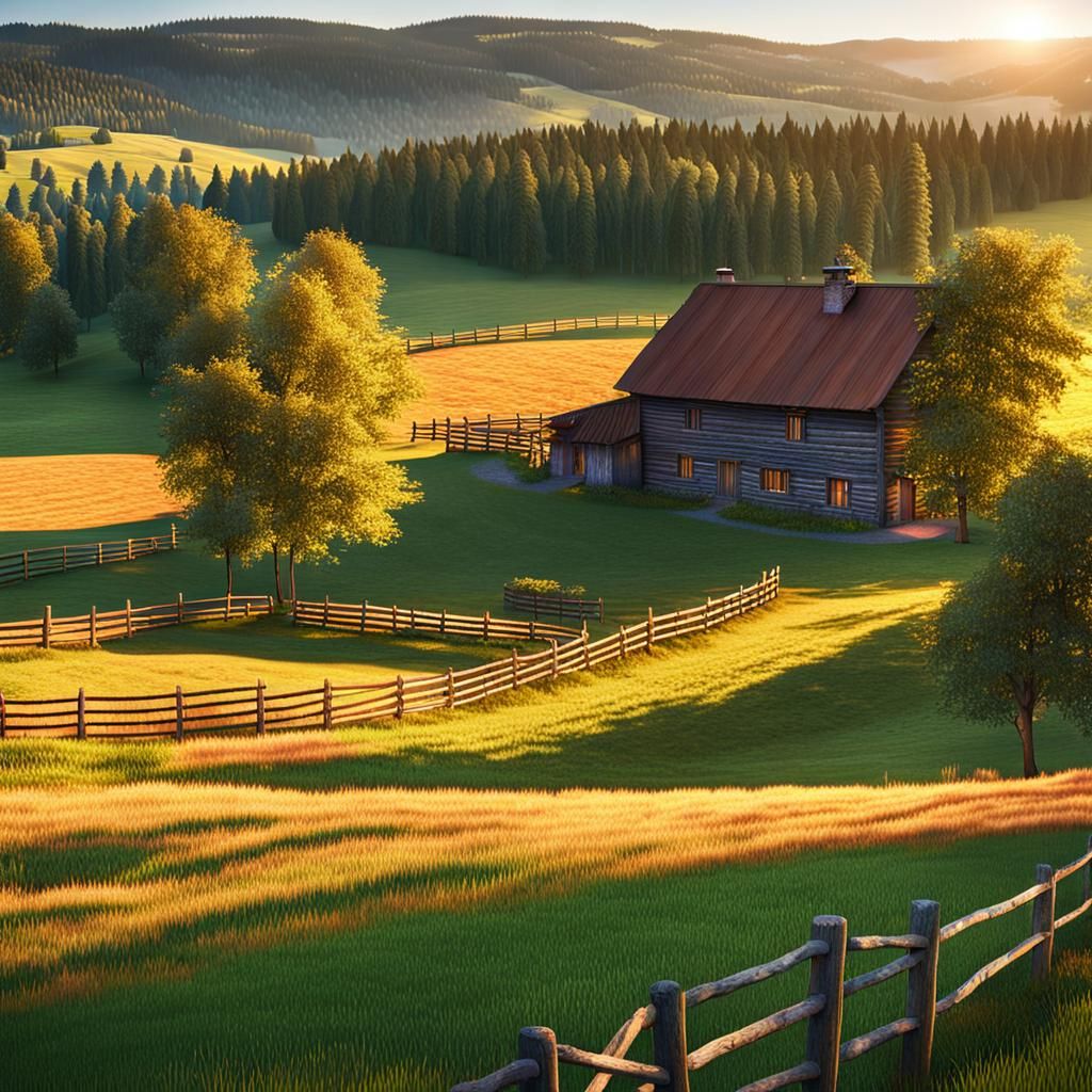 Golden Hour at Rural Farmhouse: Cozy Game Landscape