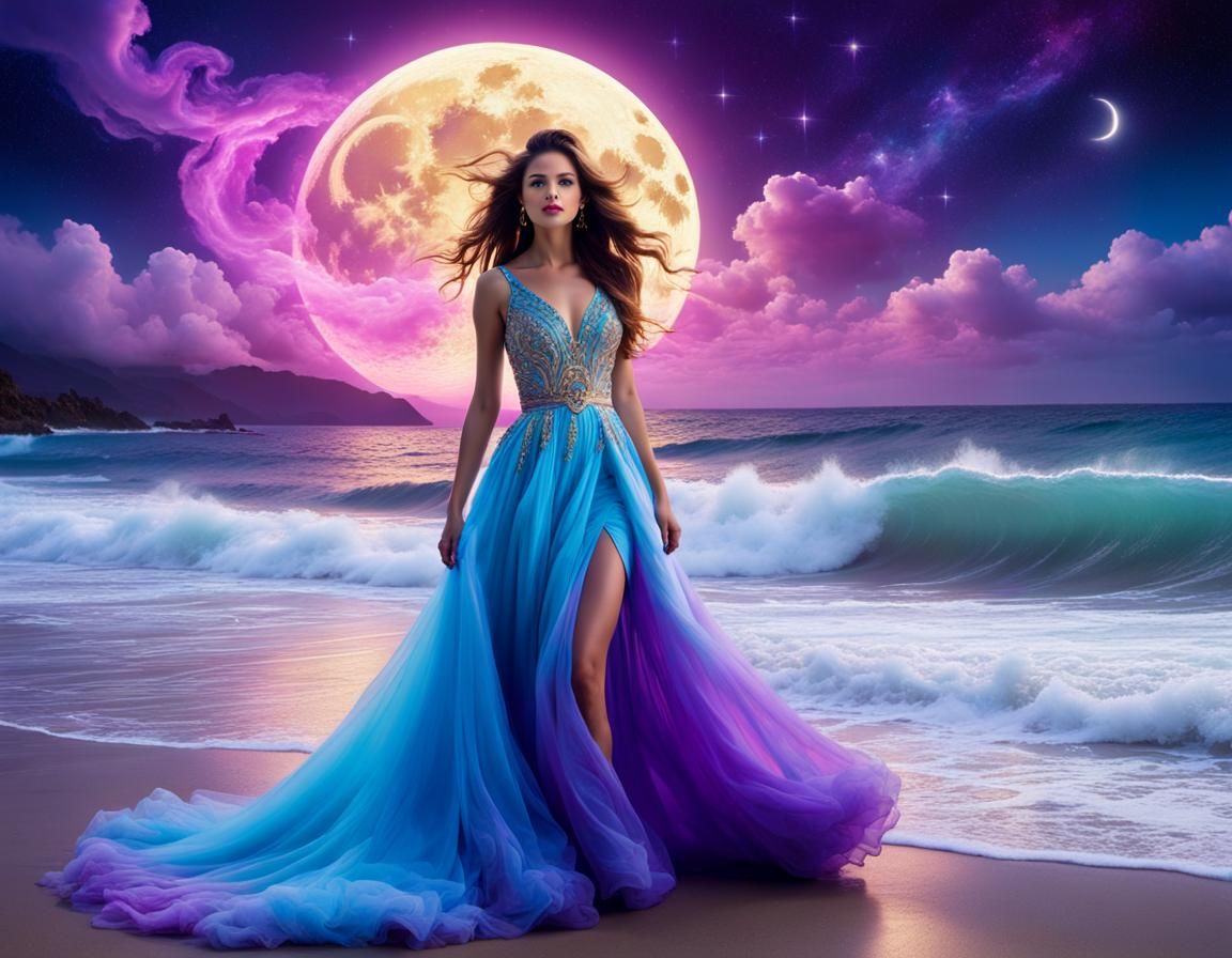 Ethereal Woman by the Sea with Bioluminescent Waves