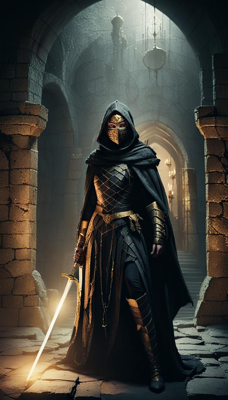 Dark Fantasy Warrior in Dungeon with Sword