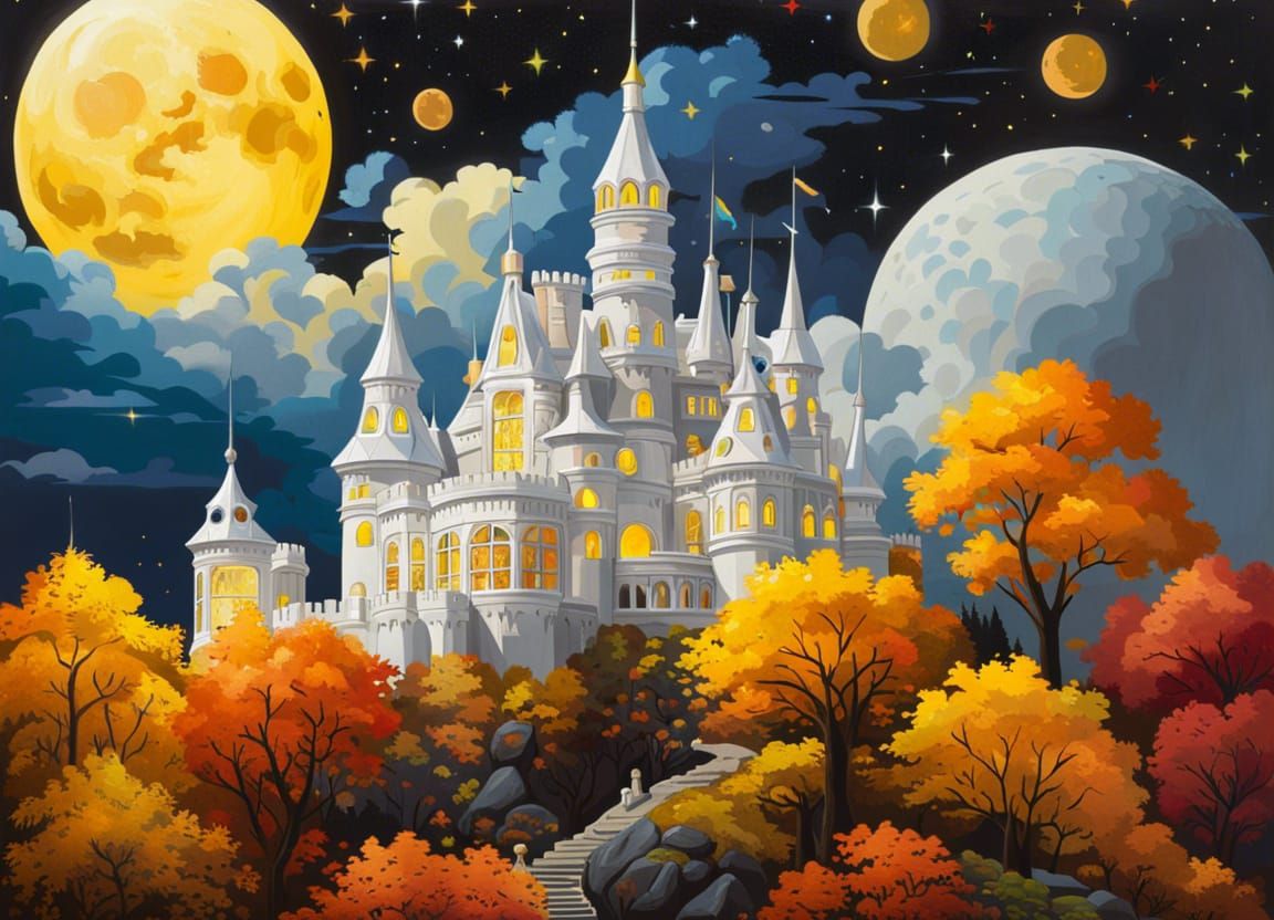 Gleaming White Castle Above Autumn Forest at Night