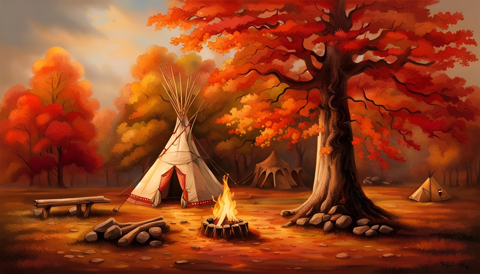 Autumn Campfire Scene with Tipi and Red Oak