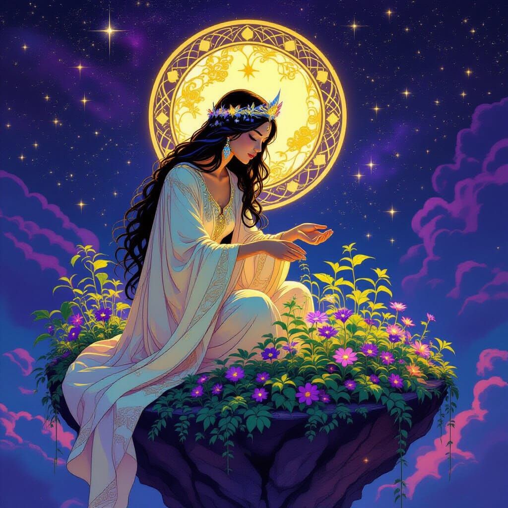 Celestial Herbalist's Floating Garden: Art Nouveau Style