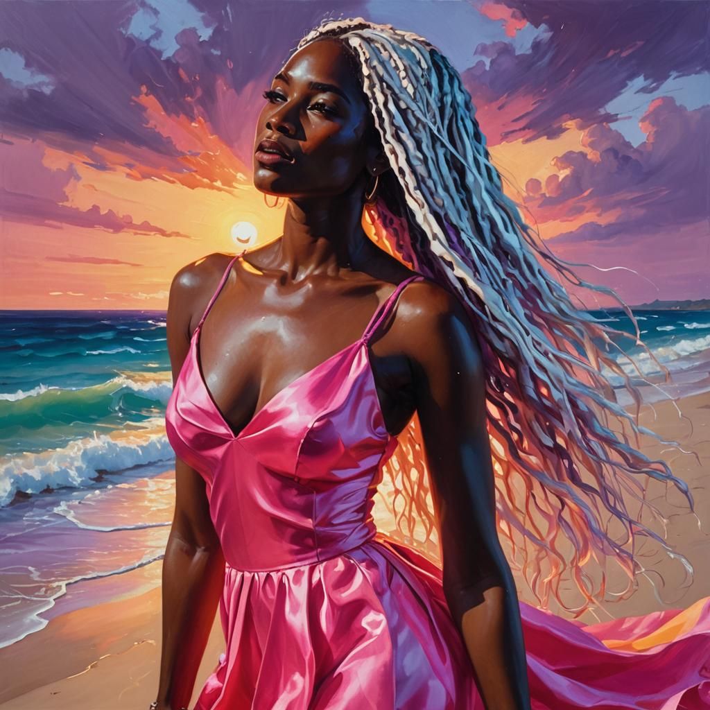 Ebony Woman in Pink Dress on Golden Beach as Oil Painting