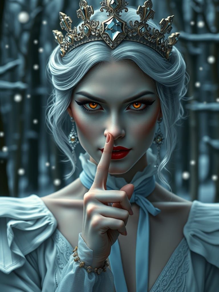 Regal Vampire Queen in White Gown with White Hair