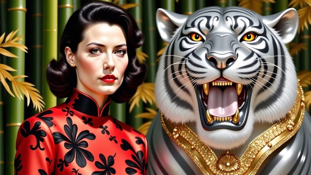 Portrait of a French Woman Beside a Fierce Tiger Sculpture