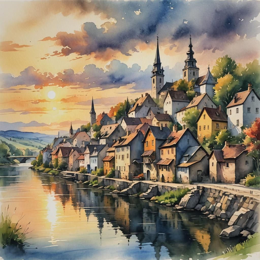 European Village Sunset: Watercolor and Pencil Sketch