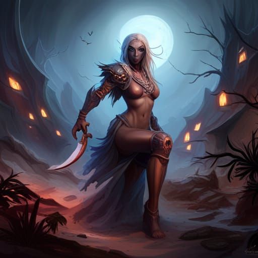 Primitive Drow Cannibal Girl in Detailed Matte Painting