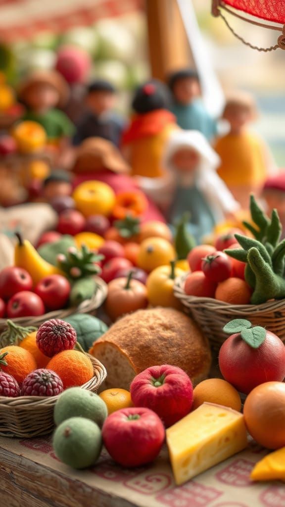 Vibrant Felted Market Scene in Folk-Art Style