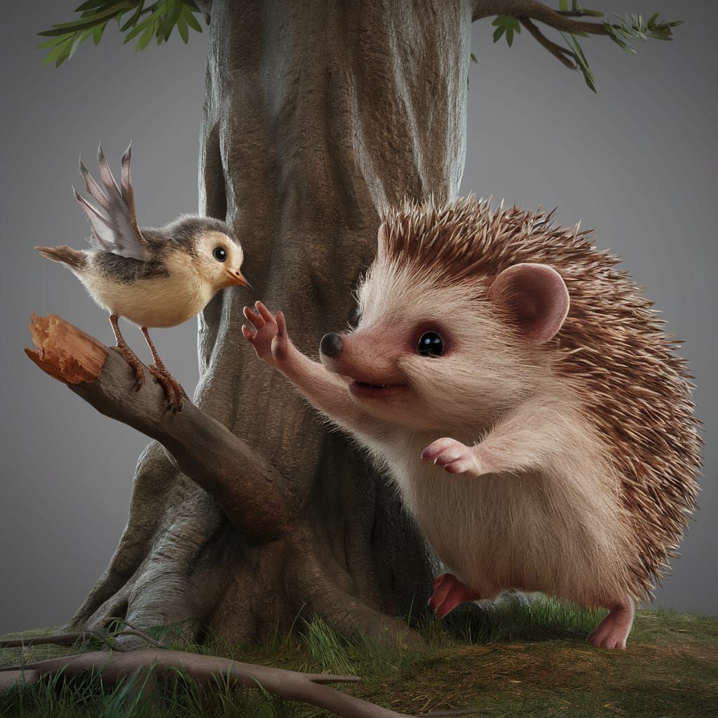 Hedgehog Helps Injured Bird in Heartwarming 3D Render