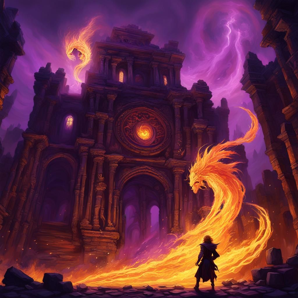 Mystical Fire Sprite in Ruins: Dark Fantasy Art