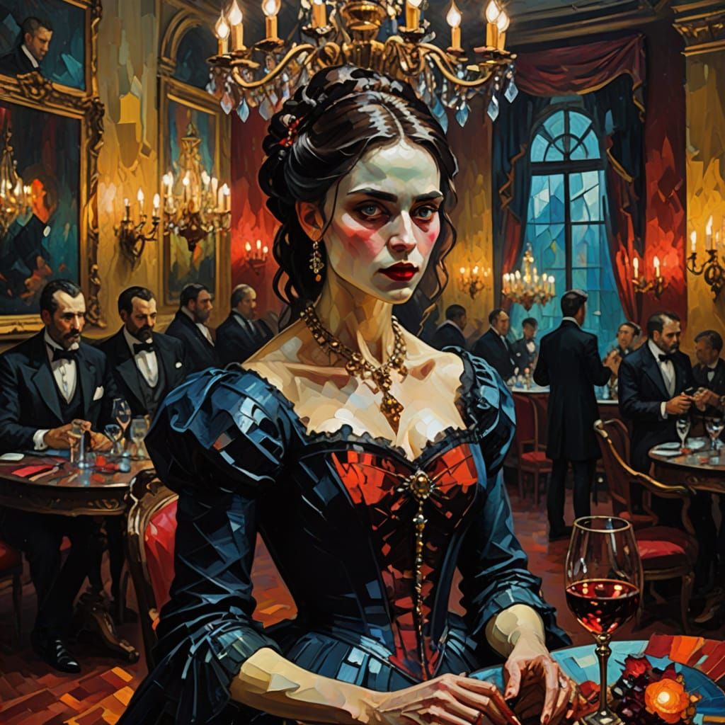 Vampiress in a Lavish Ballroom, Neo-Impressionist Oil Painti...