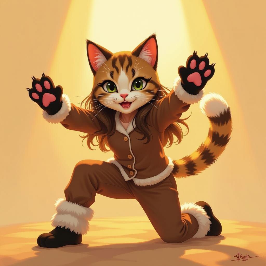 Teenage Girl in Cat Therian Mask Pounces Playfully