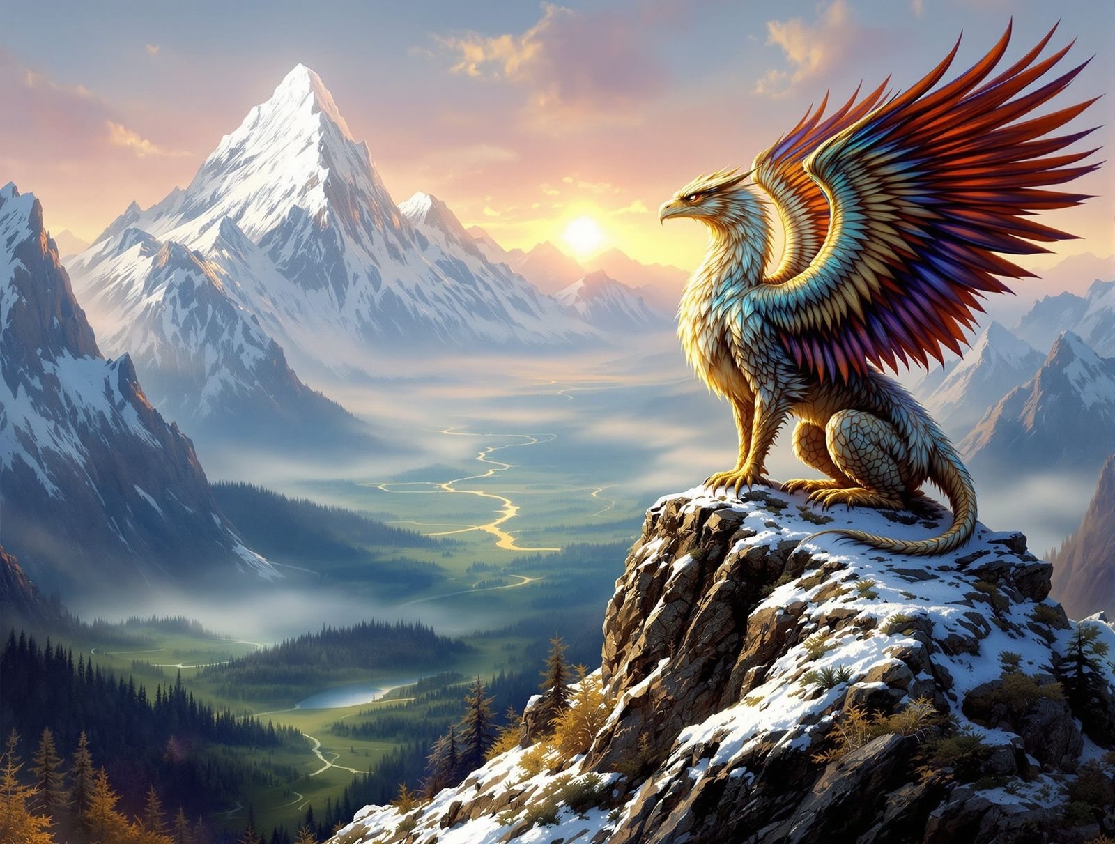 Griffin Overlooks Misty Valley in Fantasy Painting Style