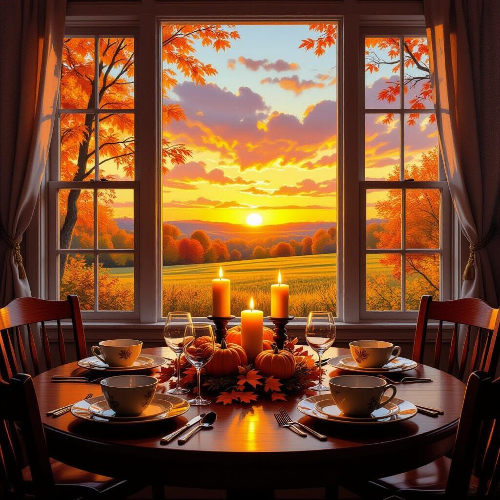 Cozy Fall Dining Room at Sunset, Oil Painting Style