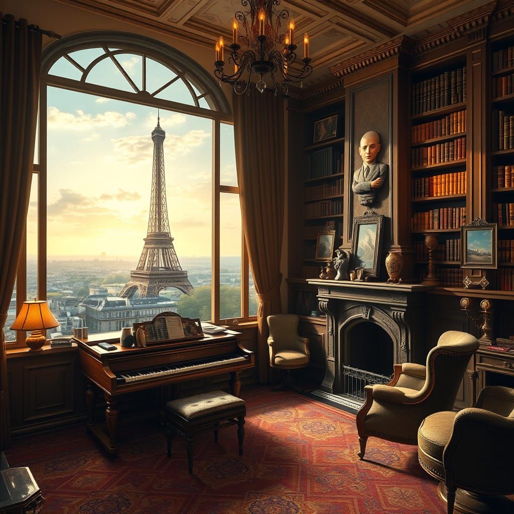 Luxurious Parisian Salon with Tour Eiffel View, Piano, and W...