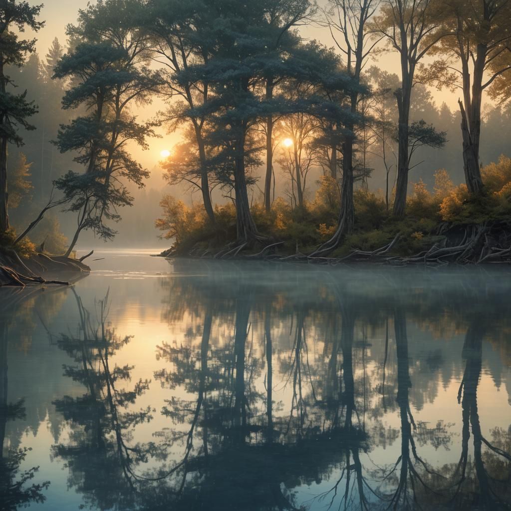 Sunrise Over Calm Lake: Fantasy Concept Art