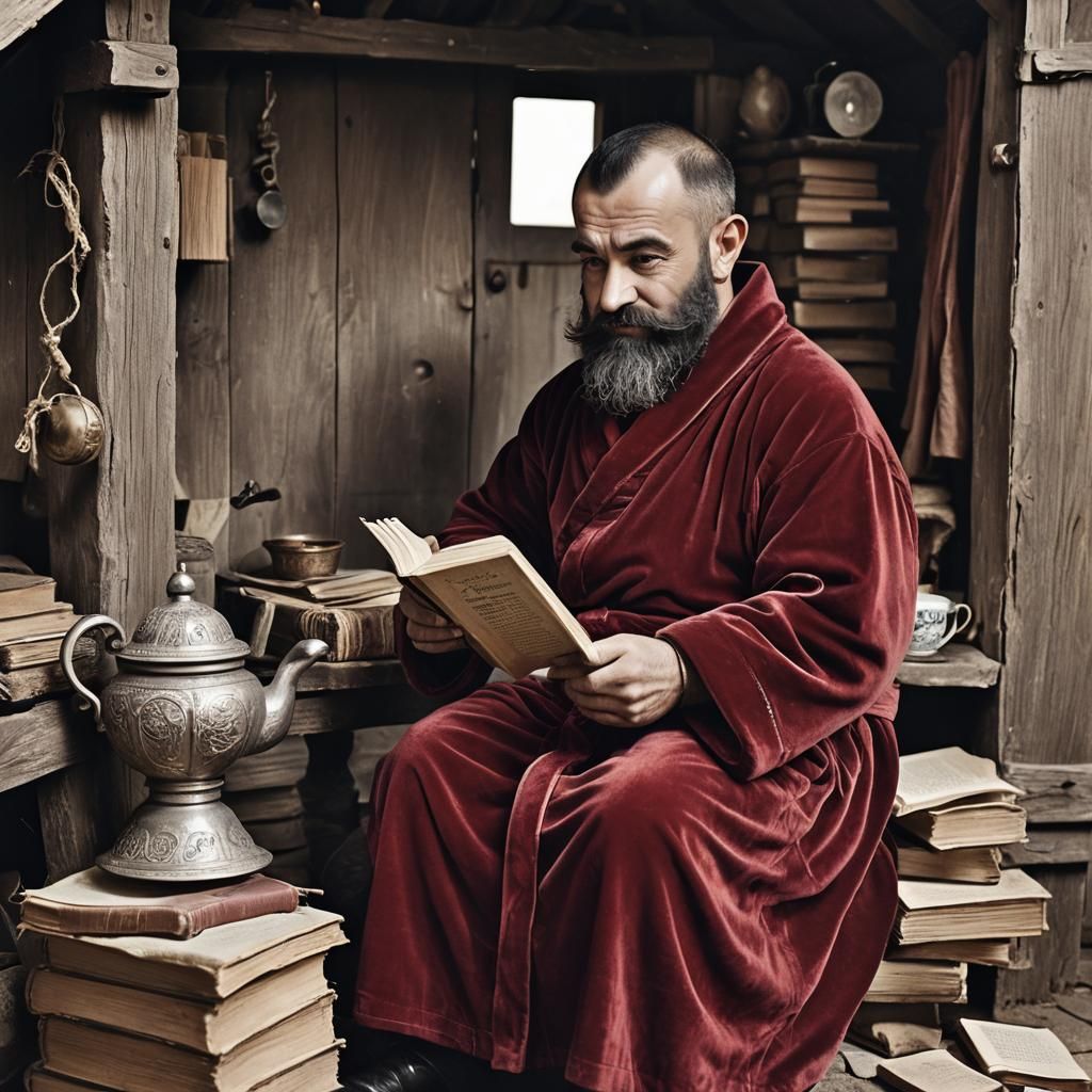 Vintage Dwarf Reading: An Impressionist Gouache Portrait