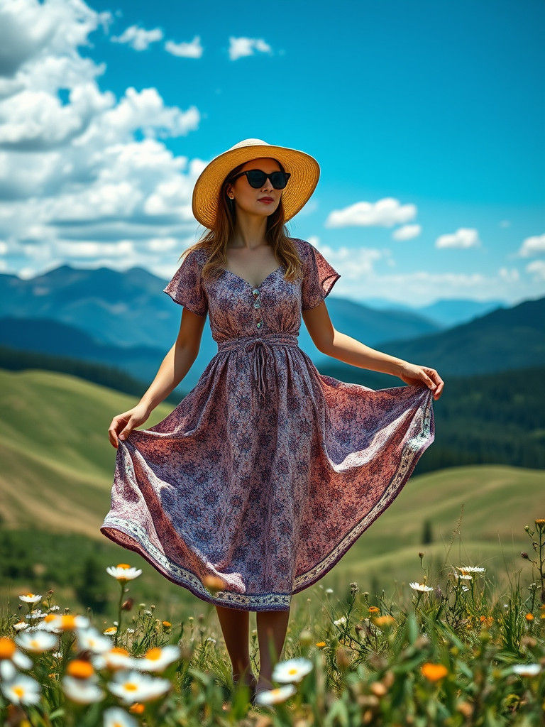 Woman in Sundress Amid Rolling Hills