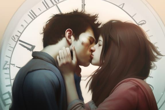 Passionate Couple Kissing Before a Clock