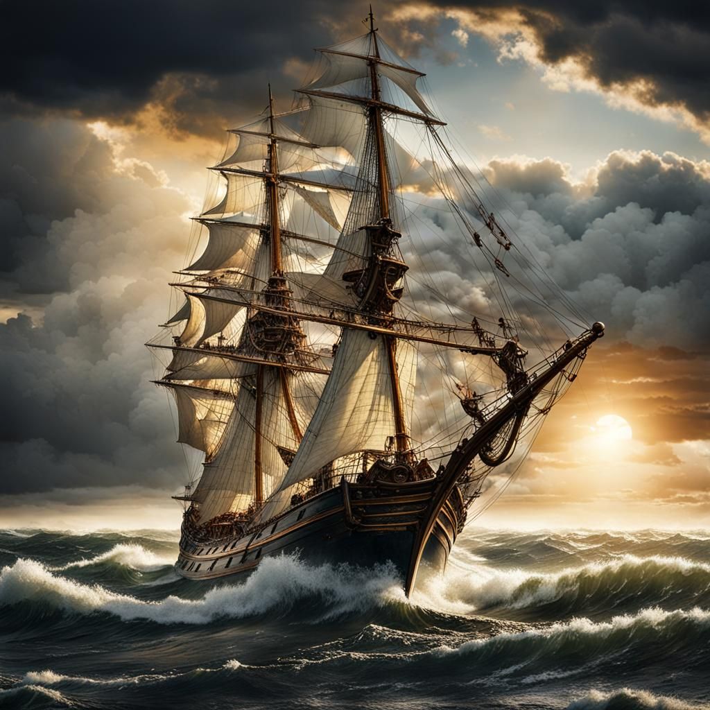 Sailing Ship Navigates Stormy Seas in Romanticism Style