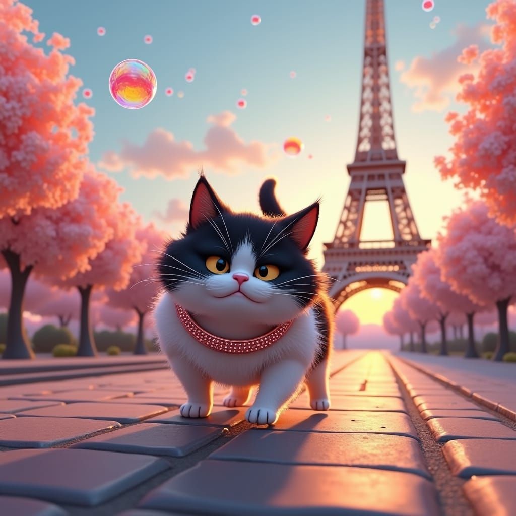 Cat Chasing Bubbles: Anime-Inspired Eiffel Tower Scene