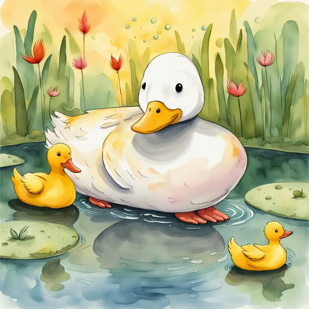 Illustrate Hannibal Quack and a large happy fish jumping out of the pond soaking Hannibal Quack's feathers on his head a...