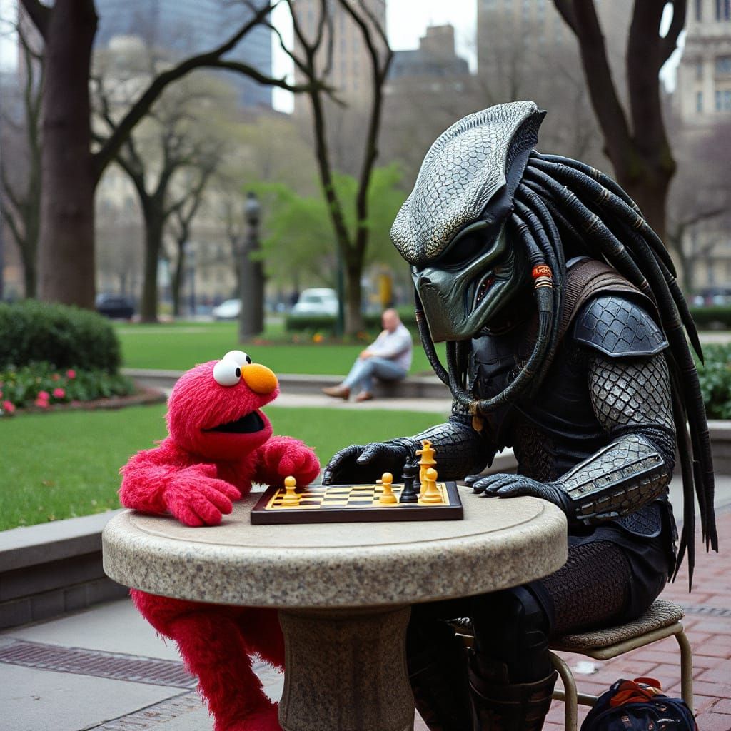 Predator and Elmo in Cinematic Chess Scene