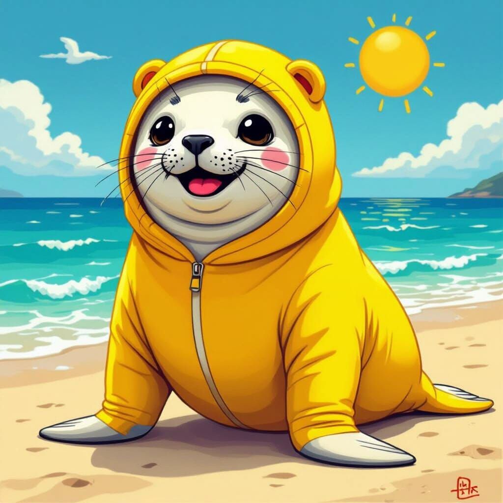 Smiling Seal in Banana Costume on Sunny Beach