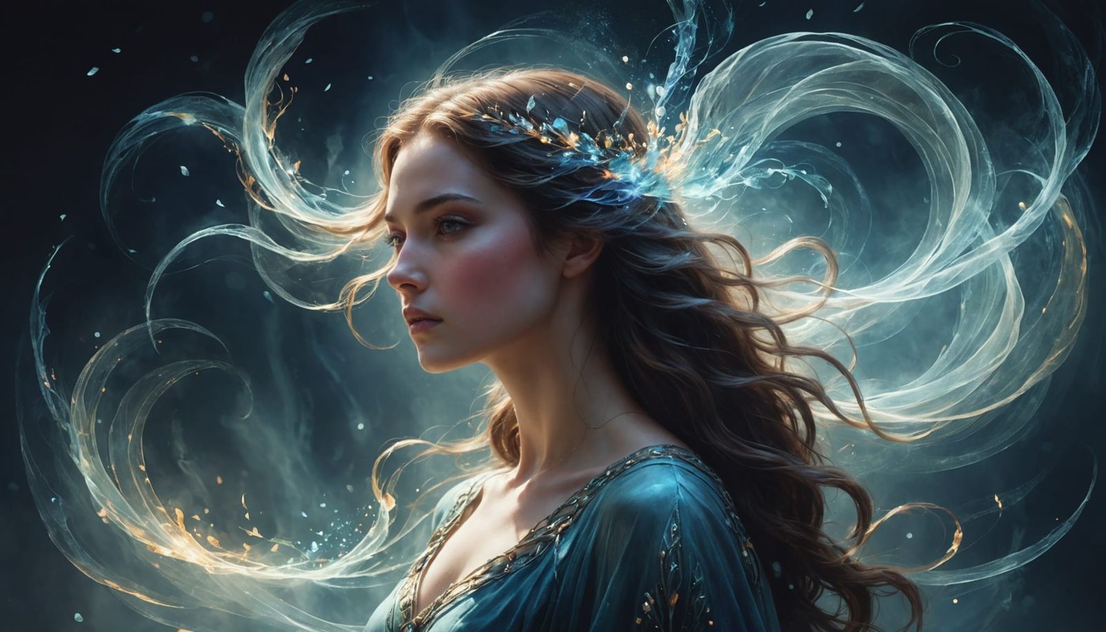 Ethereal Woman with Shimmering Fumes