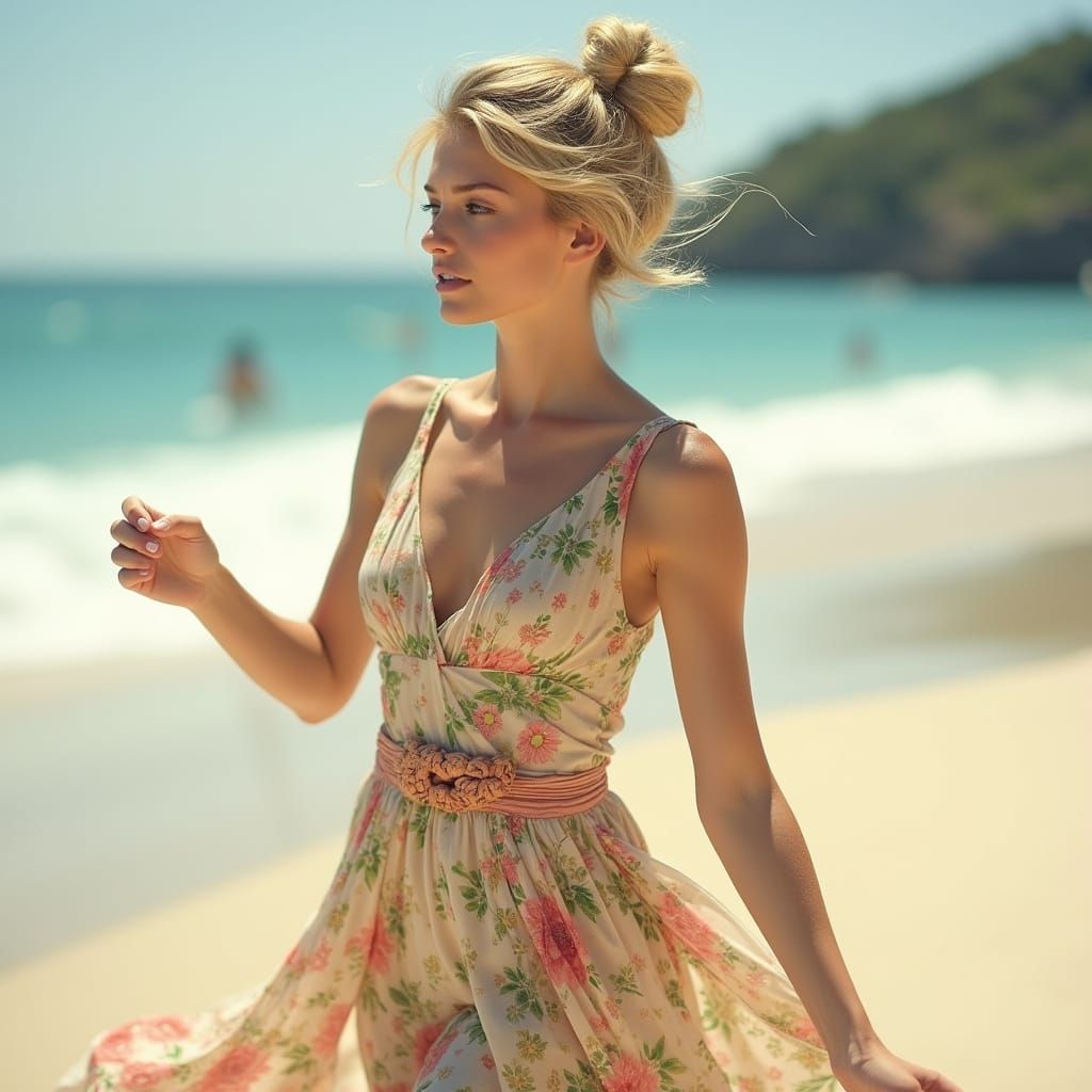 Woman Dancing on Beach in Art Nouveau Style