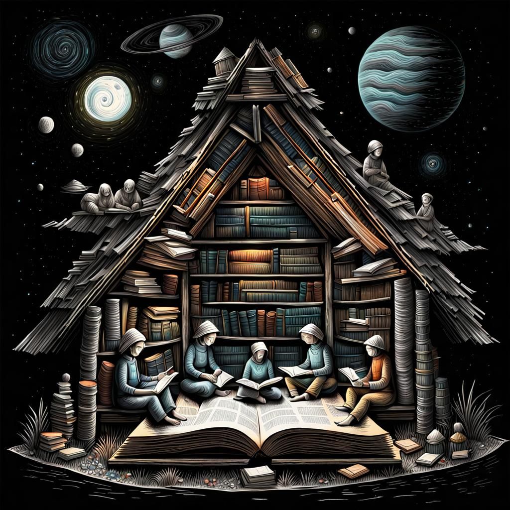 Little People in Book Hut: Cosmic Folk Art